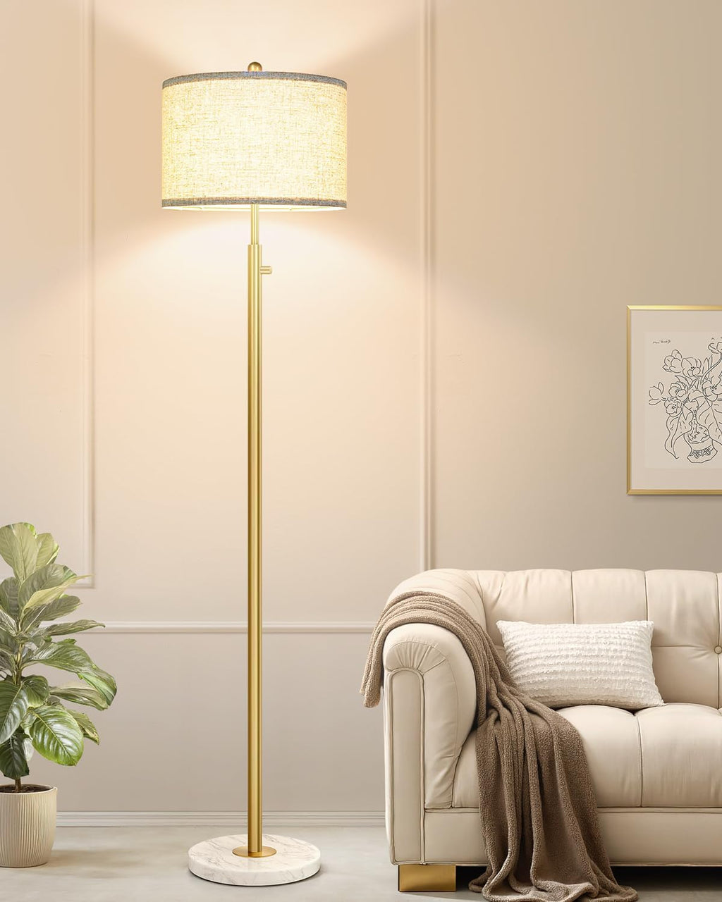 Upgraded】 Dimmable Floor Lamp for Living Room, 11W LED Bulb Included, Modern Standing Lamp with Marble Base, Tall Pole Light with Linen…