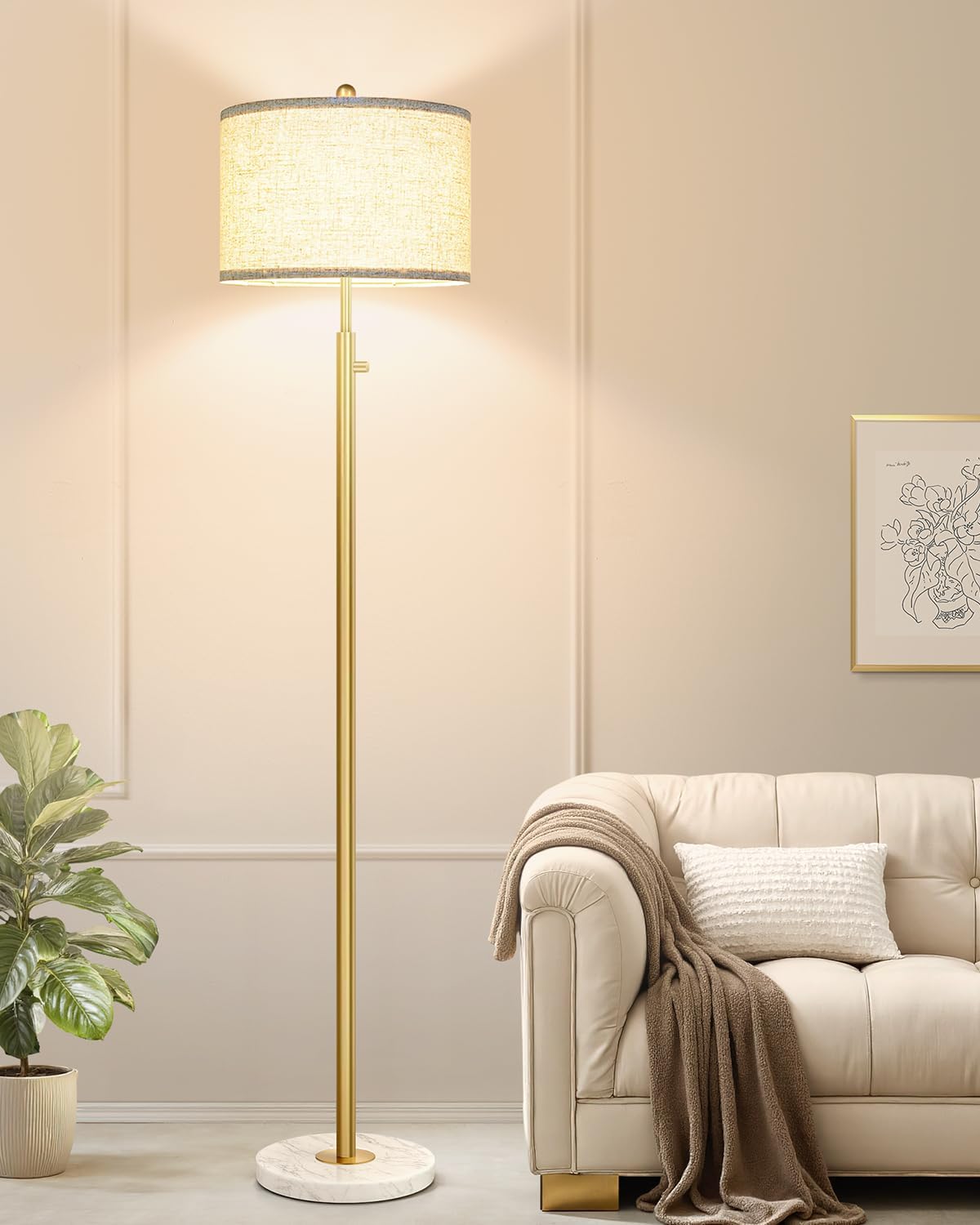 Upgraded】 Dimmable Floor Lamp for Living Room, 11W LED Bulb Included, Modern Standing Lamp with Marble Base, Tall Pole Light with Linen…