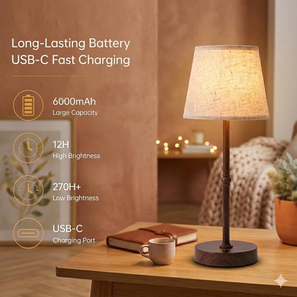 Cordless LED Table Lamp, 6000mAh Rechargeable Battery Operated Desk Lamp, 6-Level Dimming Metal Portable Nightlight for Restaurant…