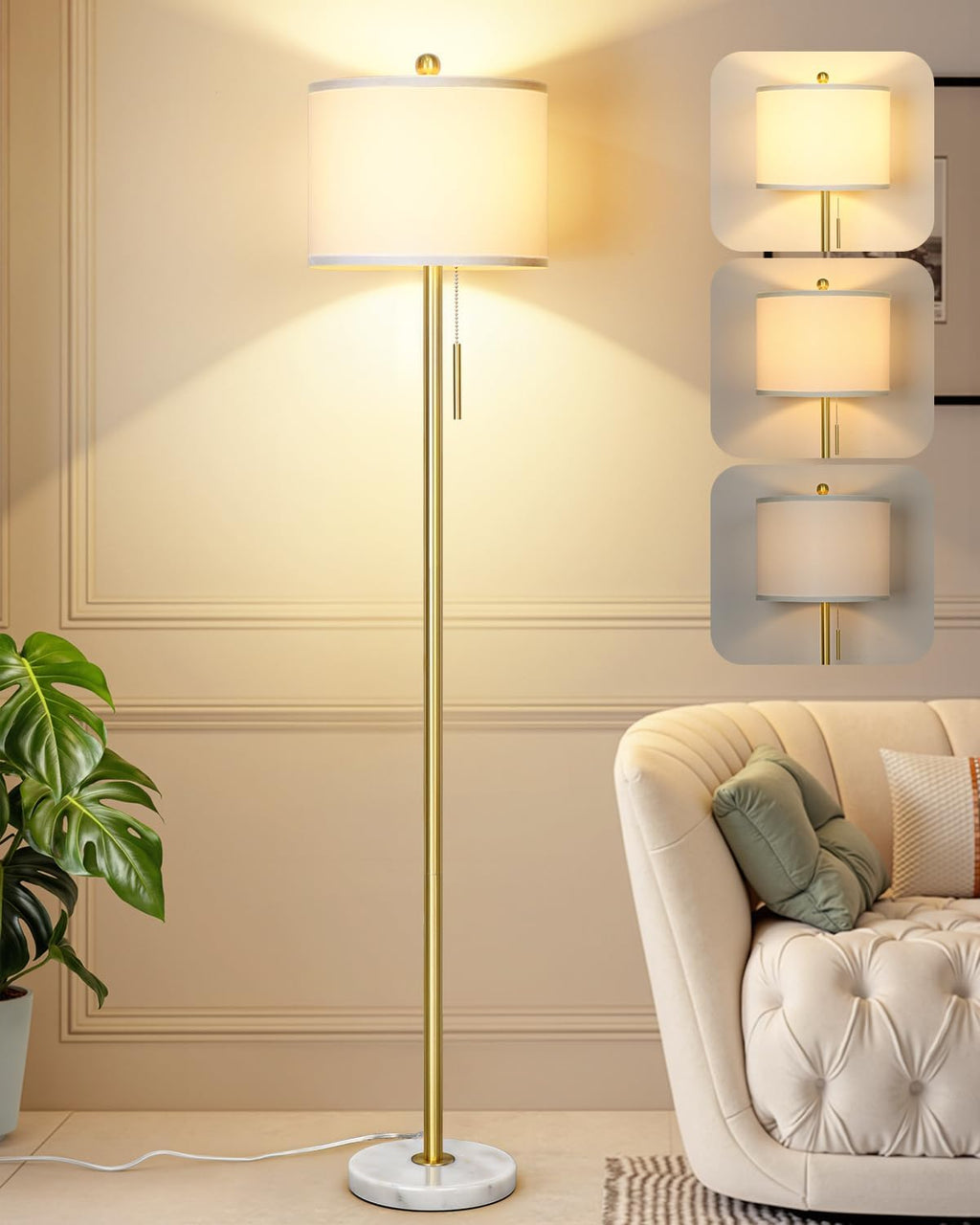 Qingmiao 【Upgraded】 Dimmable Gold Floor Lamps for Living Room, 63in Modern Standing Lamp with Marble Base, Tall Pole Light with White…