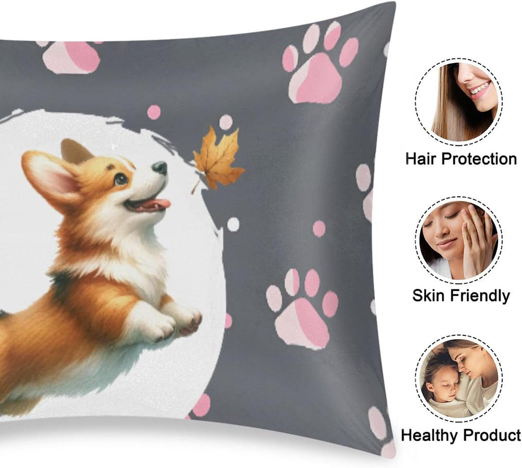 Satin Pillowcase for Hair and Skin Pink Paw Print Dog Soft Silk Pillow Case with Envelope Closure Cooling Pillow Cases Slip Standard Size…