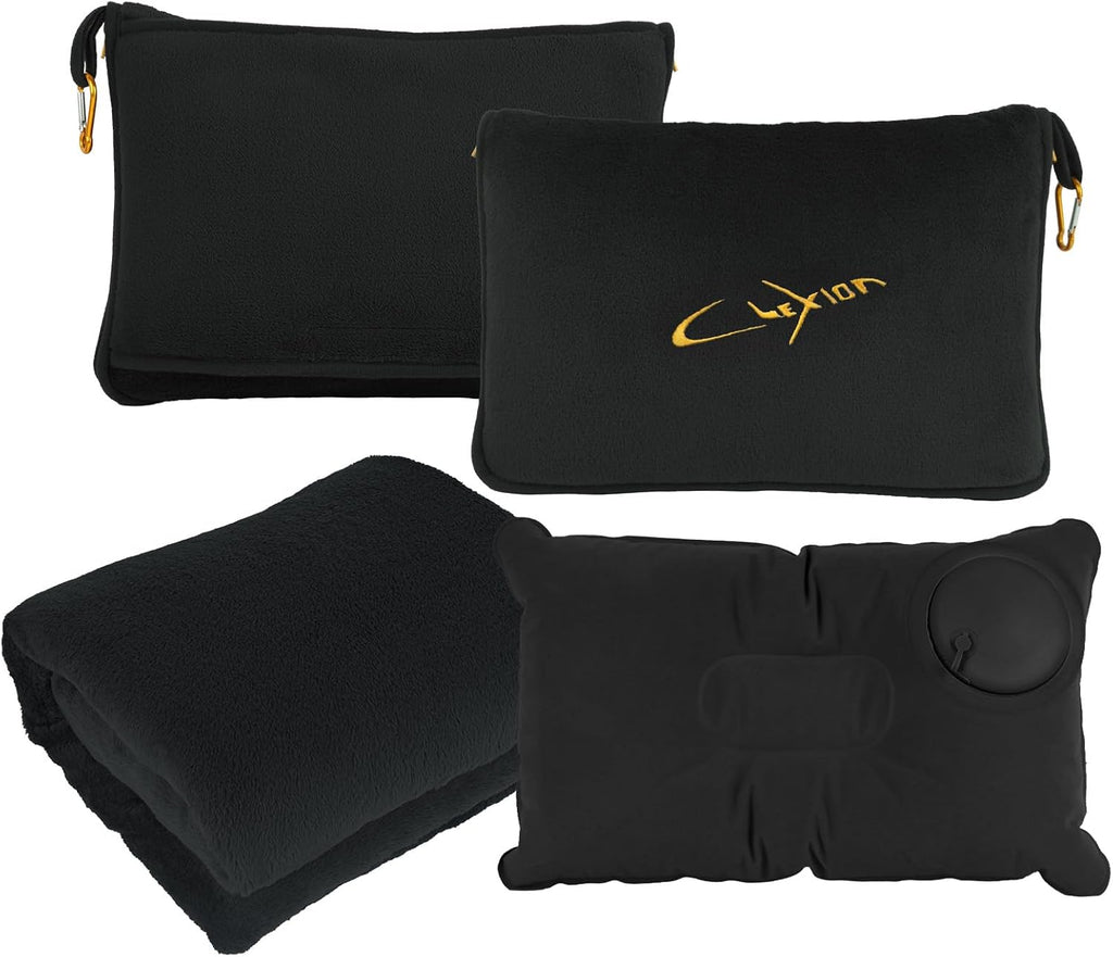 Airplane Travel Blanket with Pillow,300 GSM Soft Fleece Compact Blanket with Carry Bag, Lightweight Travel Blanket for Flights, Black