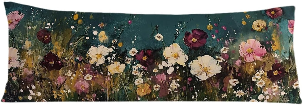 Abstract Retro Wildflowers 20x54 Body Pillow Cover, Floral Room Decor, Botanical Decor, Vintage Dark Cottagecore Flower Aesthetic…