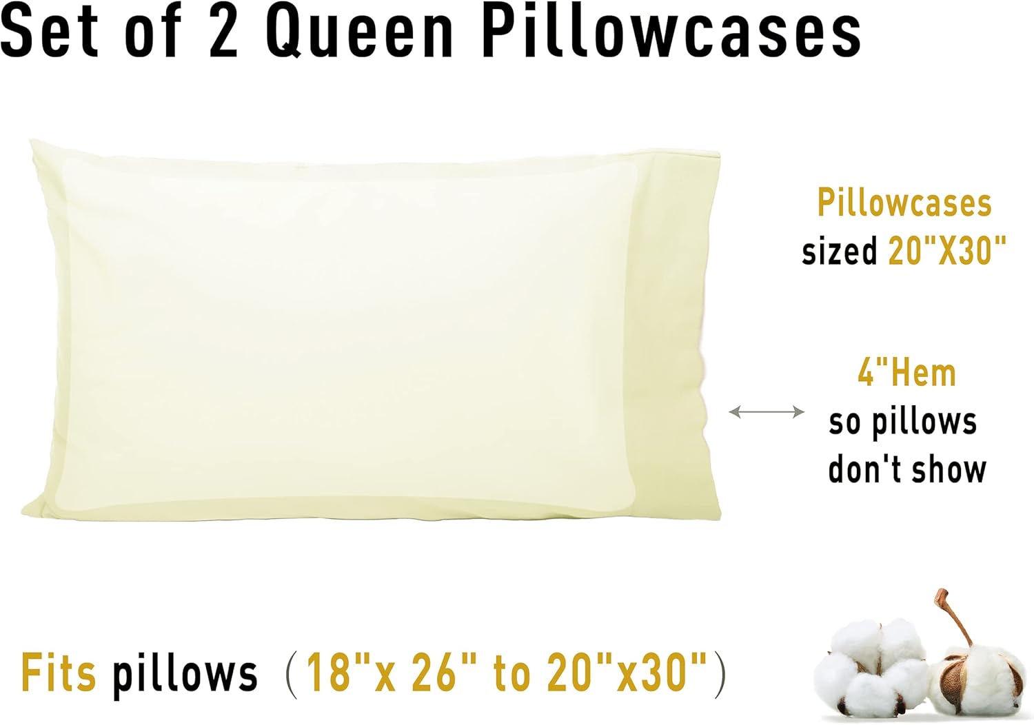 Sunflower Queen Pillowcases Set of 2, 100% Cotton Queen Pillow Cases 2, 20×30 inches Cream, Soft and Breathable