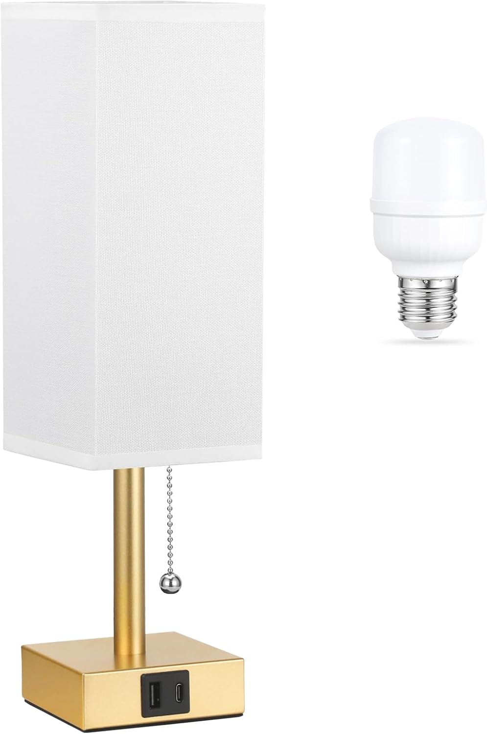 Aooshine White Small Table Lamp for Bedroom - 3 Color Temperature 3000K 5000K 4000K Bedside Lamp, Pull Chain Control, USB A and C Ports, Pu…