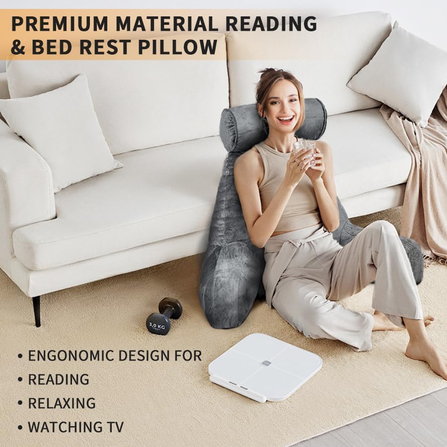 mittaGonG Reading Pillow for Sitting in Bed with Detachable Neck Roll & Big Bed Backrest Pillow Back Support Pillow Chair Pillow with Washa…