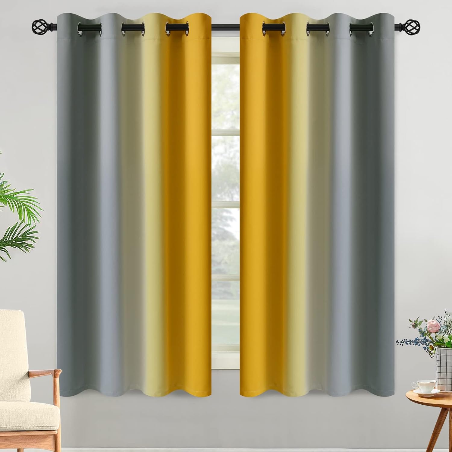 Yakamok Ombre Grey and Yellow Curtains for Bedroom, Gradient Room Darkening Curtains, Grommet Thermal Insulated Light Blocking Window Drape…