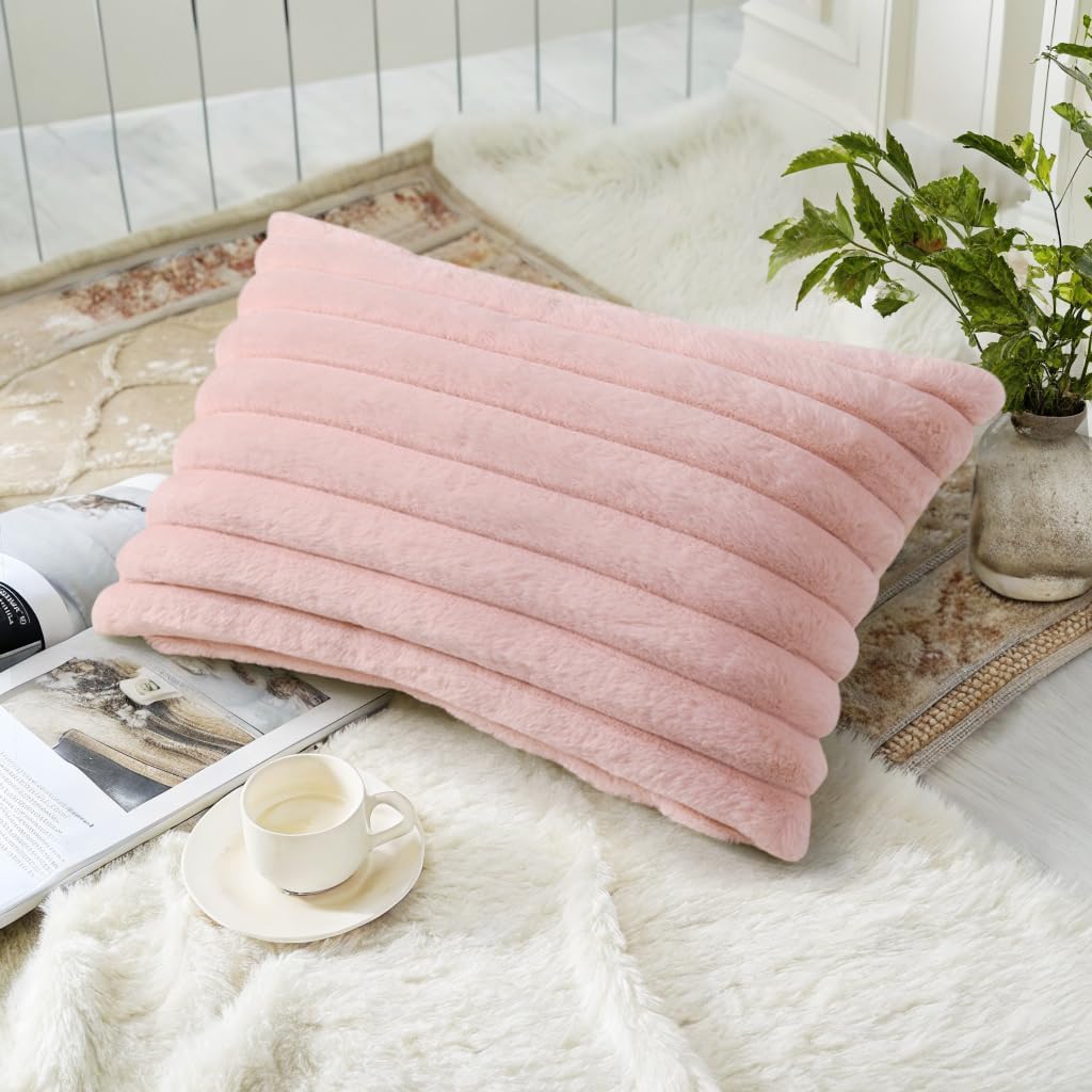 decorUhome Summer Cozy Faux Fur Throw Pillow Covers 12x20 Set of 2 Decorative Soft Plush Striped Lumbar Modern Farmhouse Boho Couch Pillow…