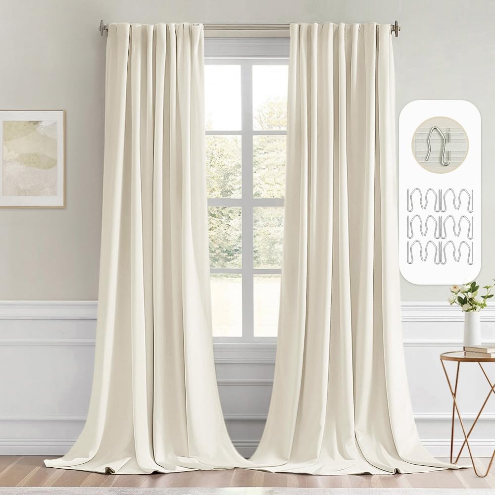 Miulee Beige White Back Tab Blackout Curtains 120 Inch Long 2 Panels Set for Bedroom, Rod Pocket/Pinch Pleated Extra Long Thermal Insulated…