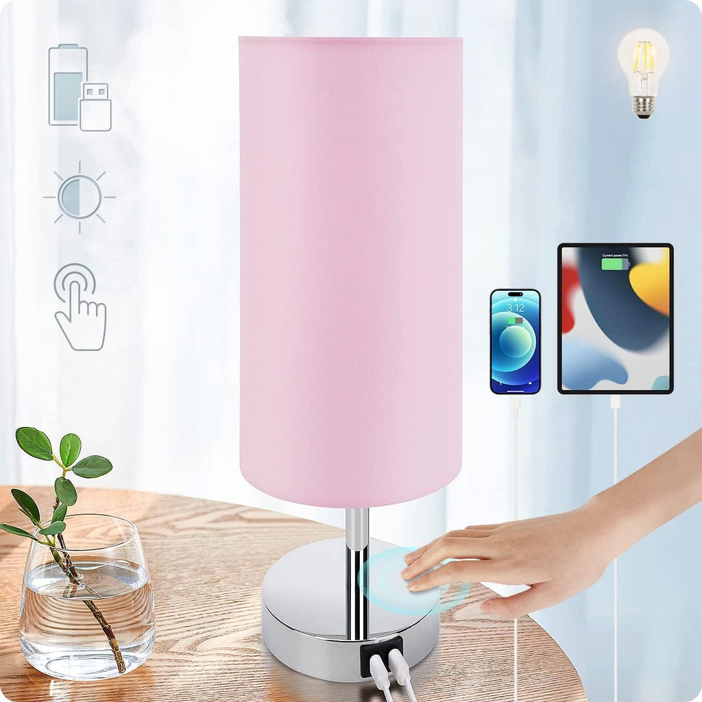 Yarra-Decor Bedside Lamp with USB Port - Touch Control Table Lamp for Bedroom 3 Way Dimmable Nightstand Lamp with Round Pink Fabric Shade…