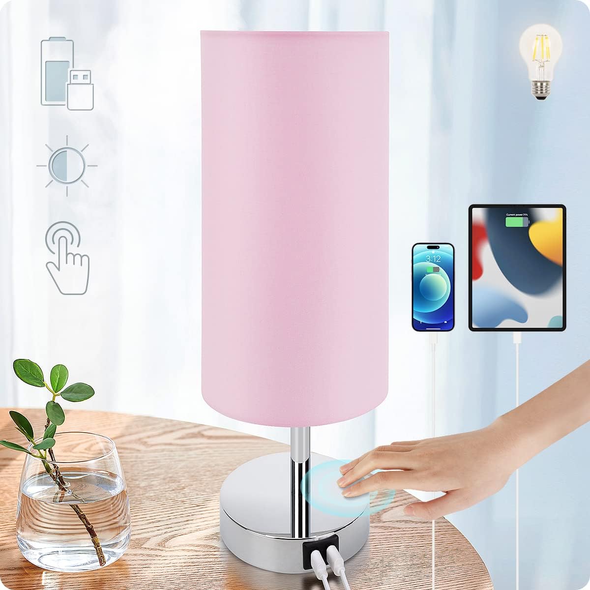 Yarra-Decor Bedside Lamp with USB Port - Touch Control Table Lamp for Bedroom 3 Way Dimmable Nightstand Lamp with Round Pink Fabric Shade…