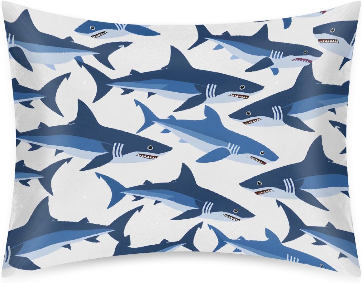 Satin Pillowcase for Hair and Skin Cool Blue Animal Shark Soft Silk Pillow Case with Envelope Closure Cooling Pillow Cases Slip Standard…