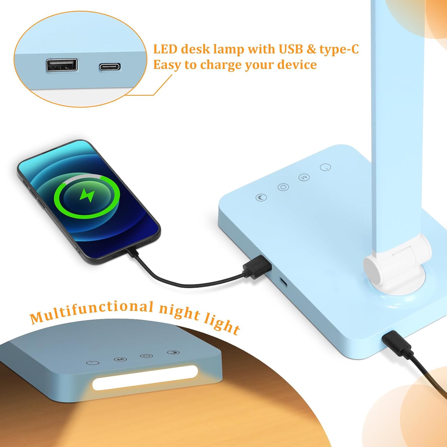 LED Desk Lamp with USB Ports, Touch Desk Lamps for Home Office with 5 Color Modes,3 Brightness Desk Light with Small Night Light, Reading…