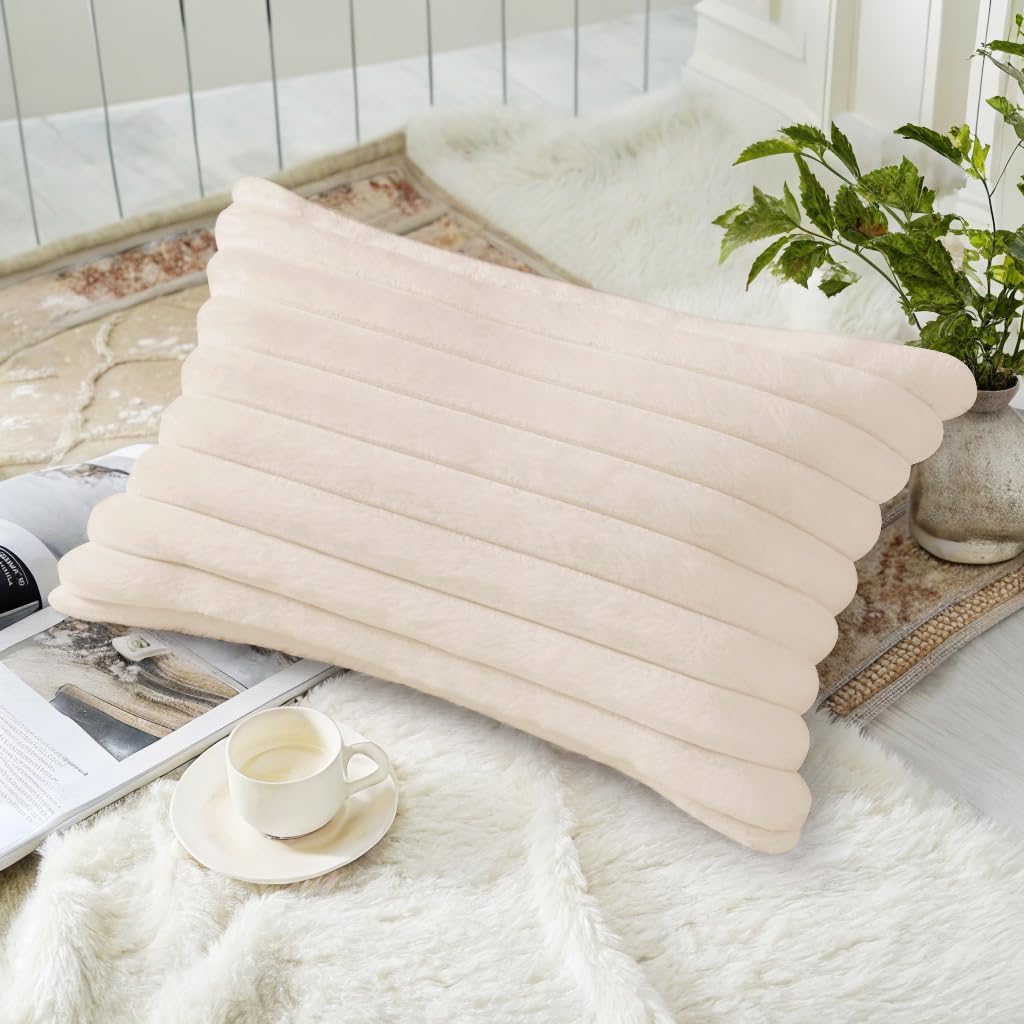 decorUhome Summer Cozy Faux Fur Throw Pillow Covers 12x20 Set of 2 Decorative Soft Plush Striped Lumbar Modern Farmhouse Boho Couch Pillow…