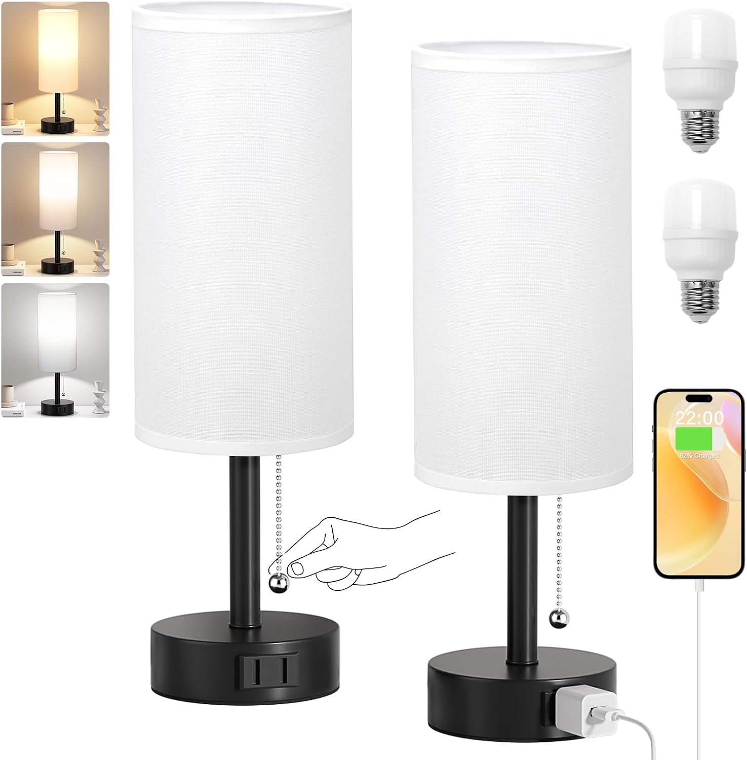 Fenmzee White Bedside Table Lamps Set of 2-3 Color Temperatures Pull Chain Lamp with AC Outlet Charging Port, Round Night Stand Lamps for…