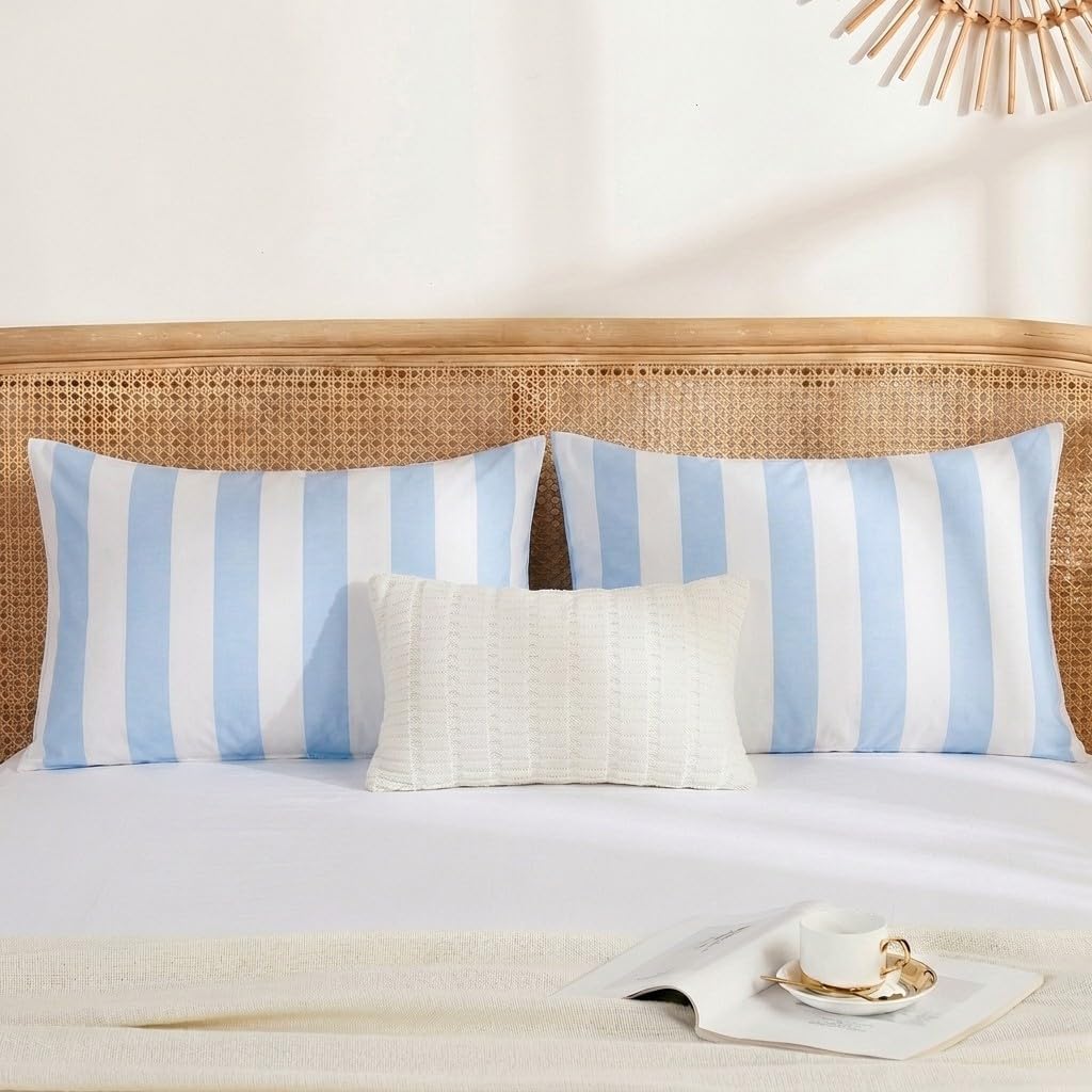 Merryword Queen Size Pillowcases, 100% Cotton Pillow Cases, Blue and White Striped Pillowcases, Luxury Linen Like Pillowcase, Soft Breathab…
