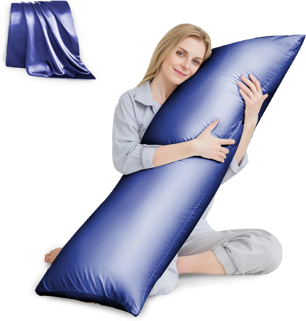Huxmeyson Body Pillow with Satin Pillowcase, Body Pillow for Adults, Removable Cover, Navy Blue (20"x54") 1 count Blue