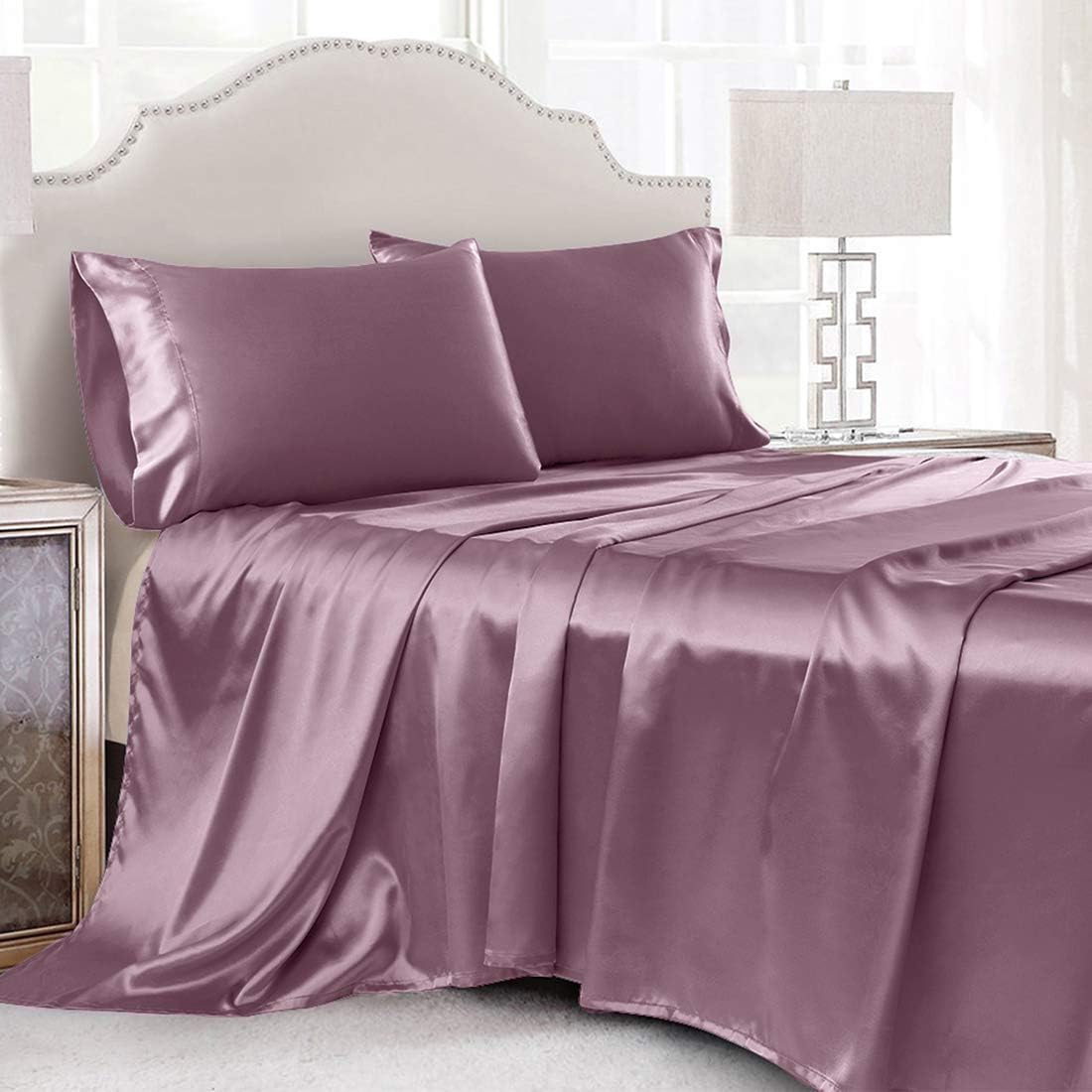 Cobedzy Satin Sheets Queen Size, 4 Pcs Silky Soft Satin Bed Sheets Queen Set with Deep Pockets, Extra Smooth & Luxurious Microfiber Sheet f…