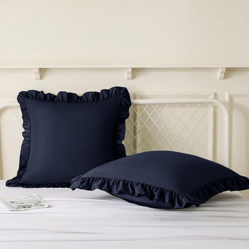 KKJIAF Ruffle Pillow Cases 22x22 Inches, Navy Blue Square Ruffled Pillow Covers Set of 2, Microfiber Wrinkle Resistant Pillow Shams with…