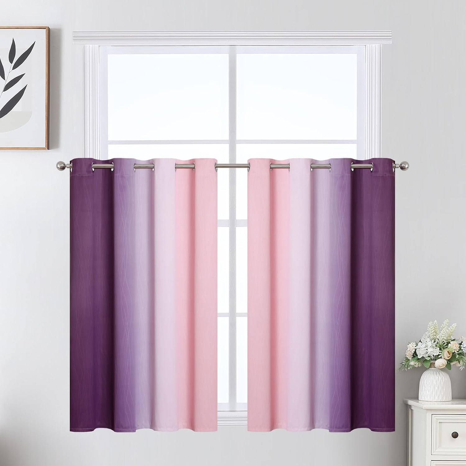 Estelartextiler Estelar Textiler Pink and Purple Ombre Short Blackout Curtains 36 Inch Long, Thermal Insulated Grommet Small Half Window Dr…