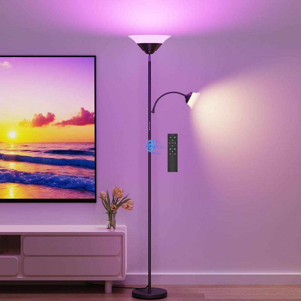 SIBRILLE RGB Torchiere Floor Lamp, 2-in-1 Dimmable Standing Lamp with Remote & Button Control, 34W 360° Rotatable LED Reading Lamp, 72"…