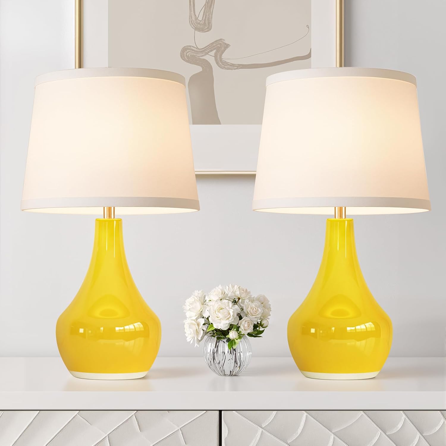 Seealle Modern Ceramic Table Lamps for Night Stands - Bedside Lamps Set of 2 for Nightstand, Yellow Bedroom Lamp for Living Room Cute Desk…