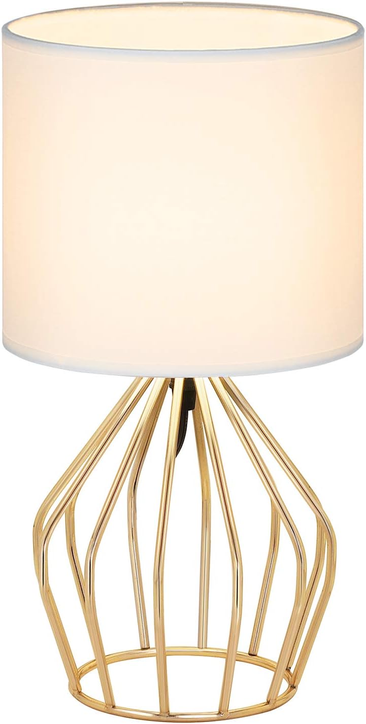 HAITRAL Gold Table Lamp - Modern Style Desk Lamp with Hollowed Out Base Linen Fabric Shade, Small Golden Bedside Lamp for Bedrooms…