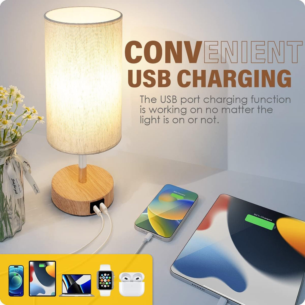 Yarra-Decor Bedside Lamp with USB A+C Port - Touch Control Table Lamp for Bedroom Wood 3 Way Dimmable Nightstand Lamp with Round Flaxen…