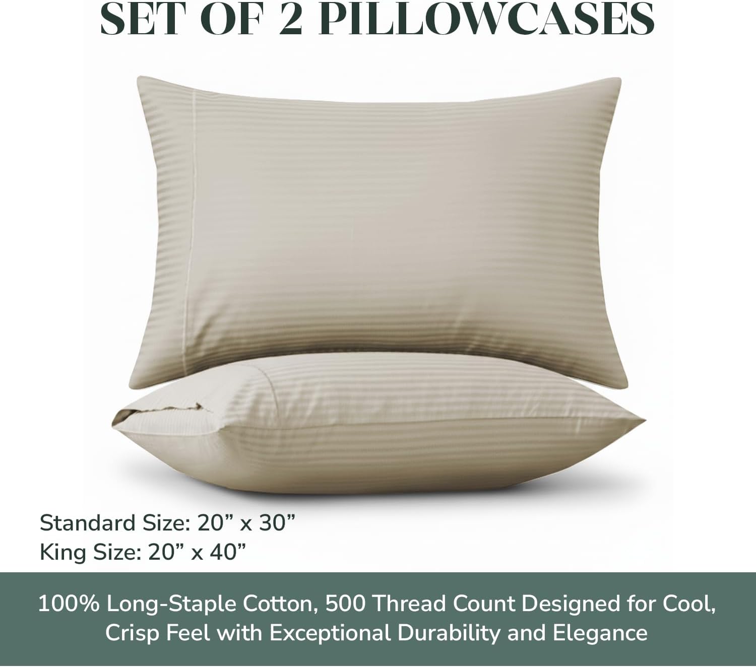 Featherstitchnewyork Feather & Stitch 100% Cotton King Pillow Covers Set of 2, 500TC Envelope Closure Pillowcases, Soft Luxury Damask Strip…