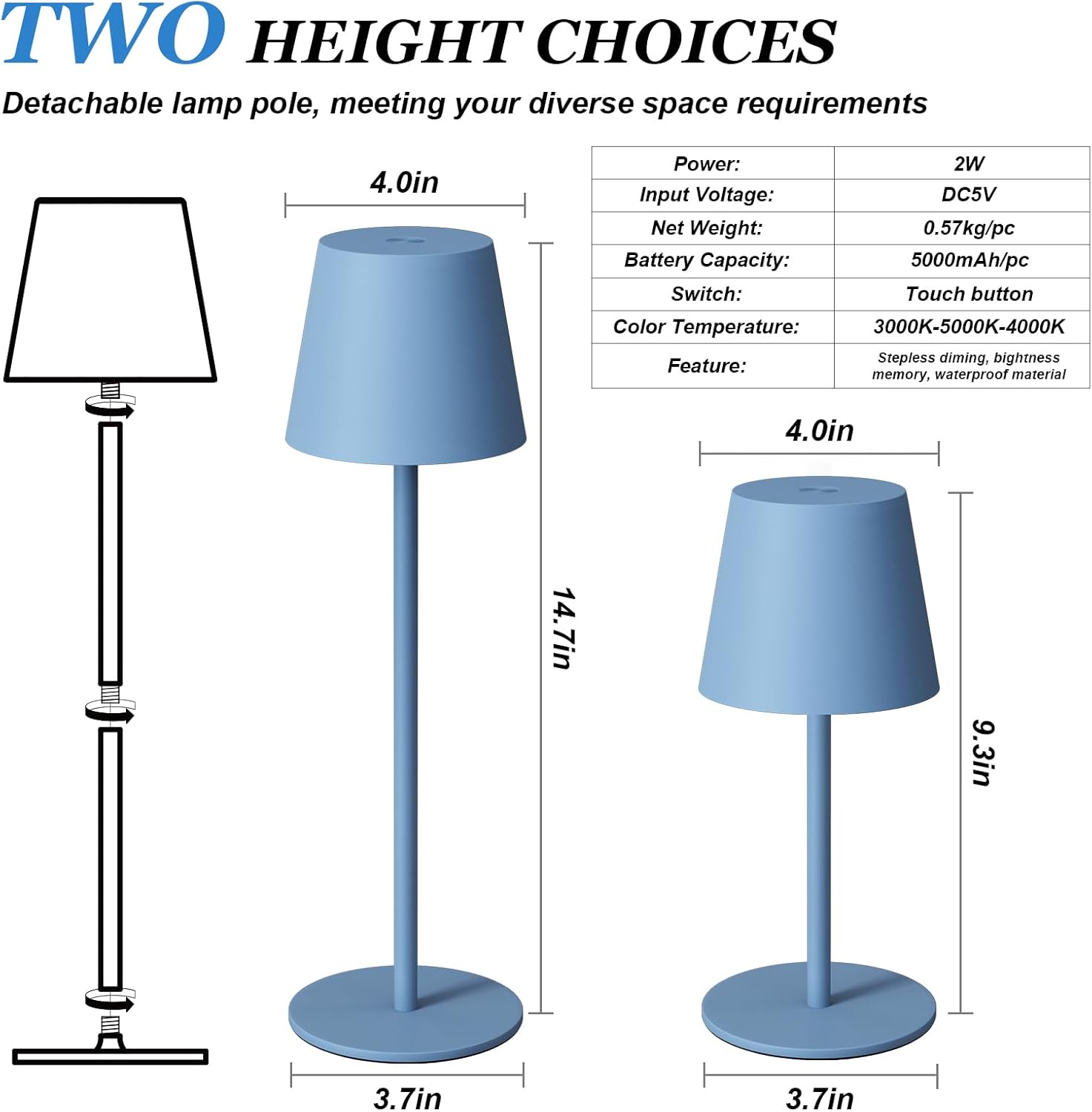 Kakanuo Cordless Table Lamp Rechargeable Blue - KK 2 Pack 5000mAH Battery Operated Lamp for Dining Table, 3 Color Stepless Dimming…