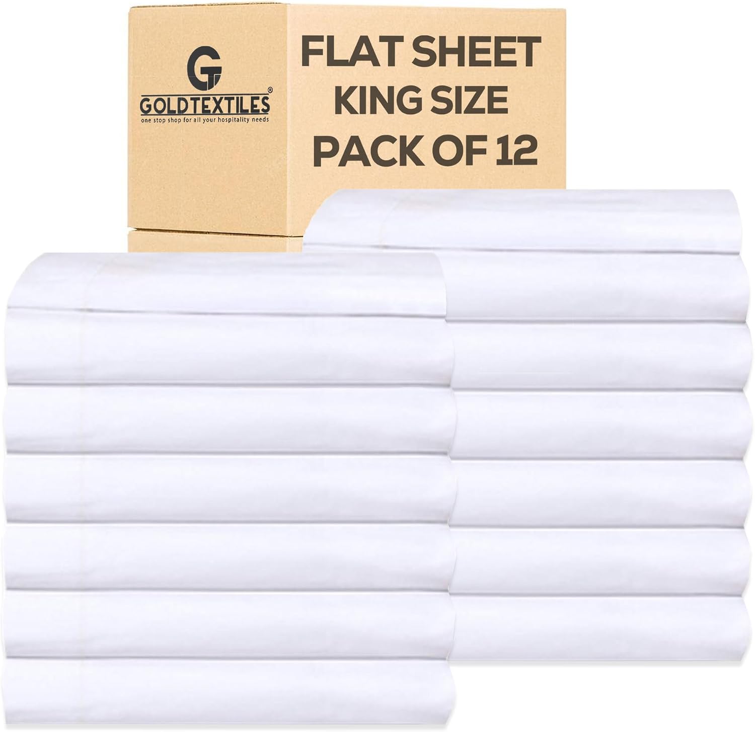 Goldtextiles Twin Flat Sheet Pack of 12 Bulk (66 x 108 Inches) White Polycotton T-200 Percale Weave - Top Bed Sheet for Home Bedding, Hospi…