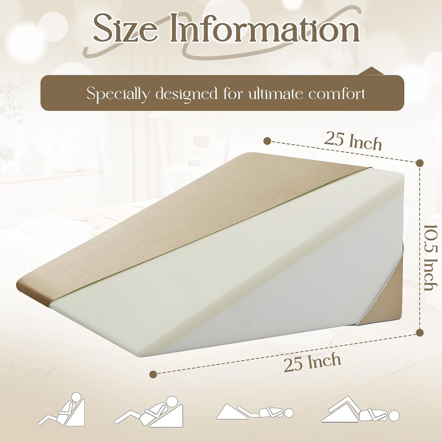 Cotton Wedge Pillow Cover for 24" x 24" x 10" Wedge Bed Pillow, Zippered Wedge Pillow Case Protector with Side Pocket, Beige (Pillow Not…