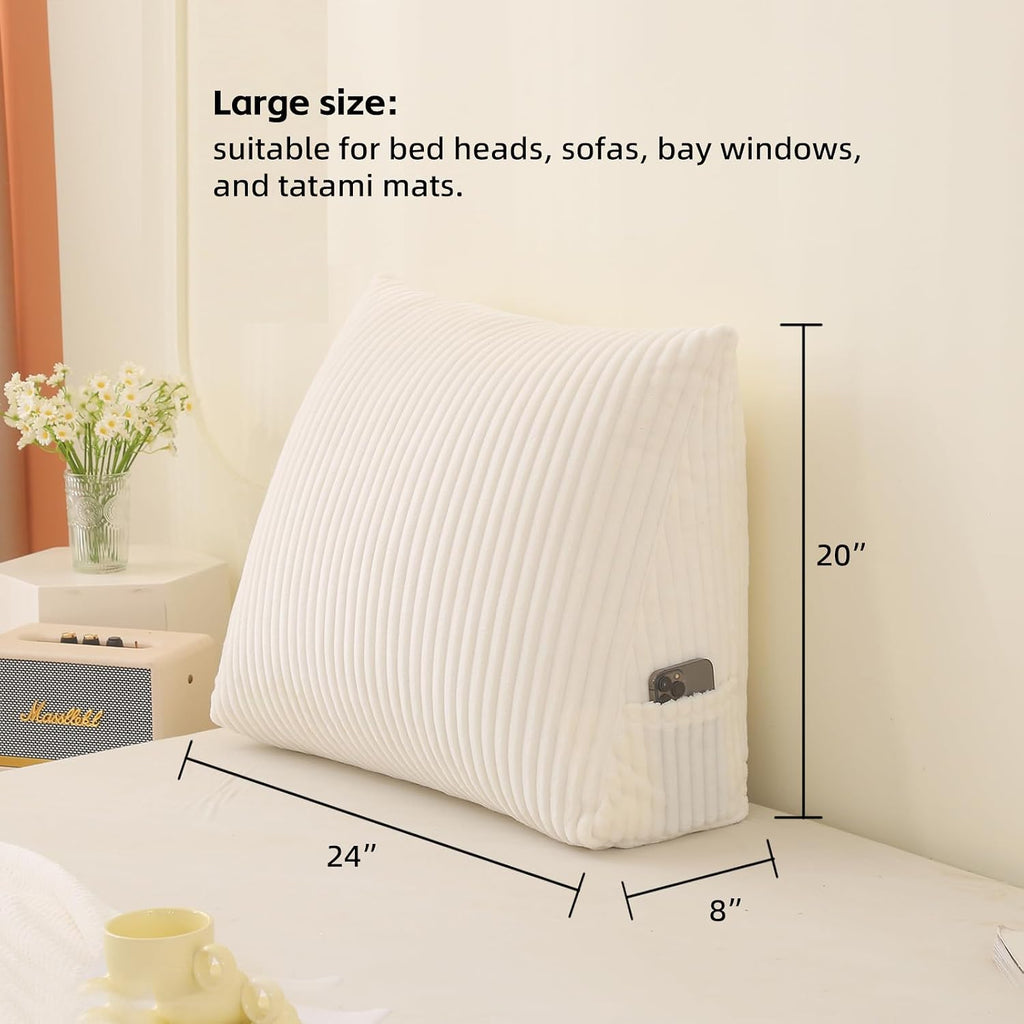 Corduroy Wedge Reading Pillow for Bed, 3 Sizes, 4 Colors for Bed, Sofa, Office Chair (White, Large 24 * 20 * 8in)