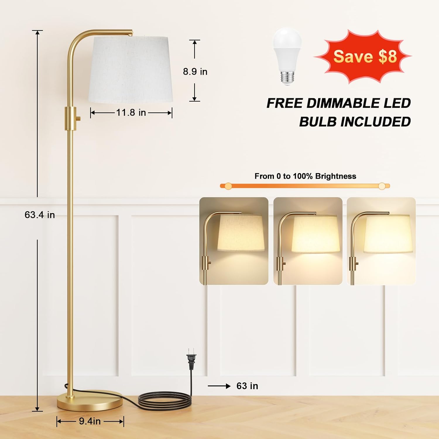 Ambimall Fully Dimmable Floor Lamp - Floor Lamps with 9W LED Bulb, Standing Lamps for Living Room with Adjust Head, Modern Standing Tall…