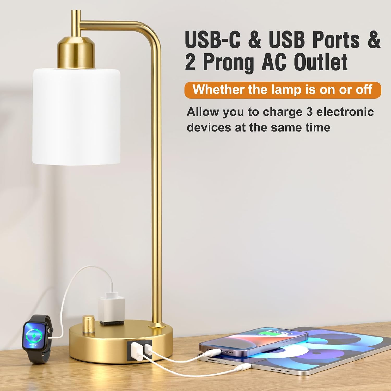 Innqoo Industrial Table Lamps for Bedroom Set of 2 - Fully Dimmable Bedside Lamps with USB Ports and Outlet, Gold Nightstand Lamps with…