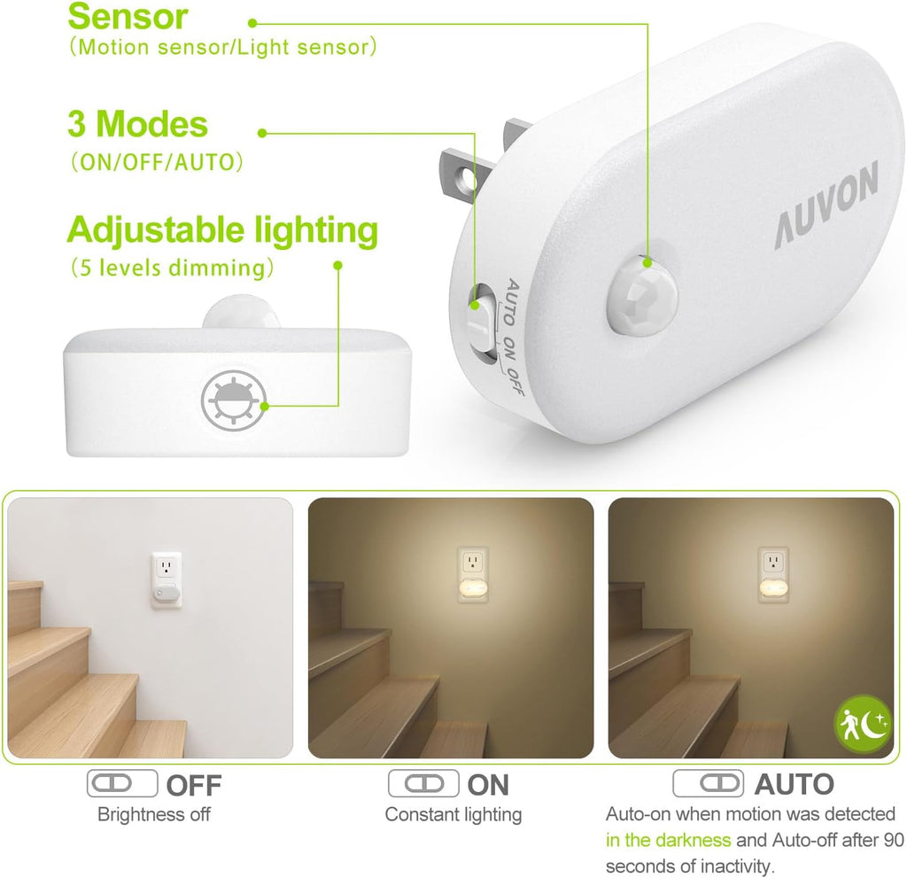 AUVON Night Light Plug in with Motion Sensor (120 Lumens), Dimmable Smart LED Night Lights, 1-120lm Brightness, for Bathroom, Hallway…