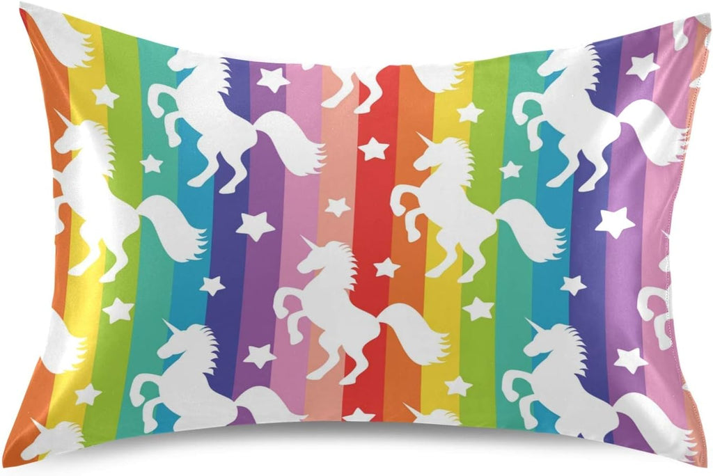 Blueangle Rainbow Stripe Unicorn Star Satin Pillowcase for Hair and Skin Silk Pillowcase, Standard Size(20x26 inches) - Satin Pillow…