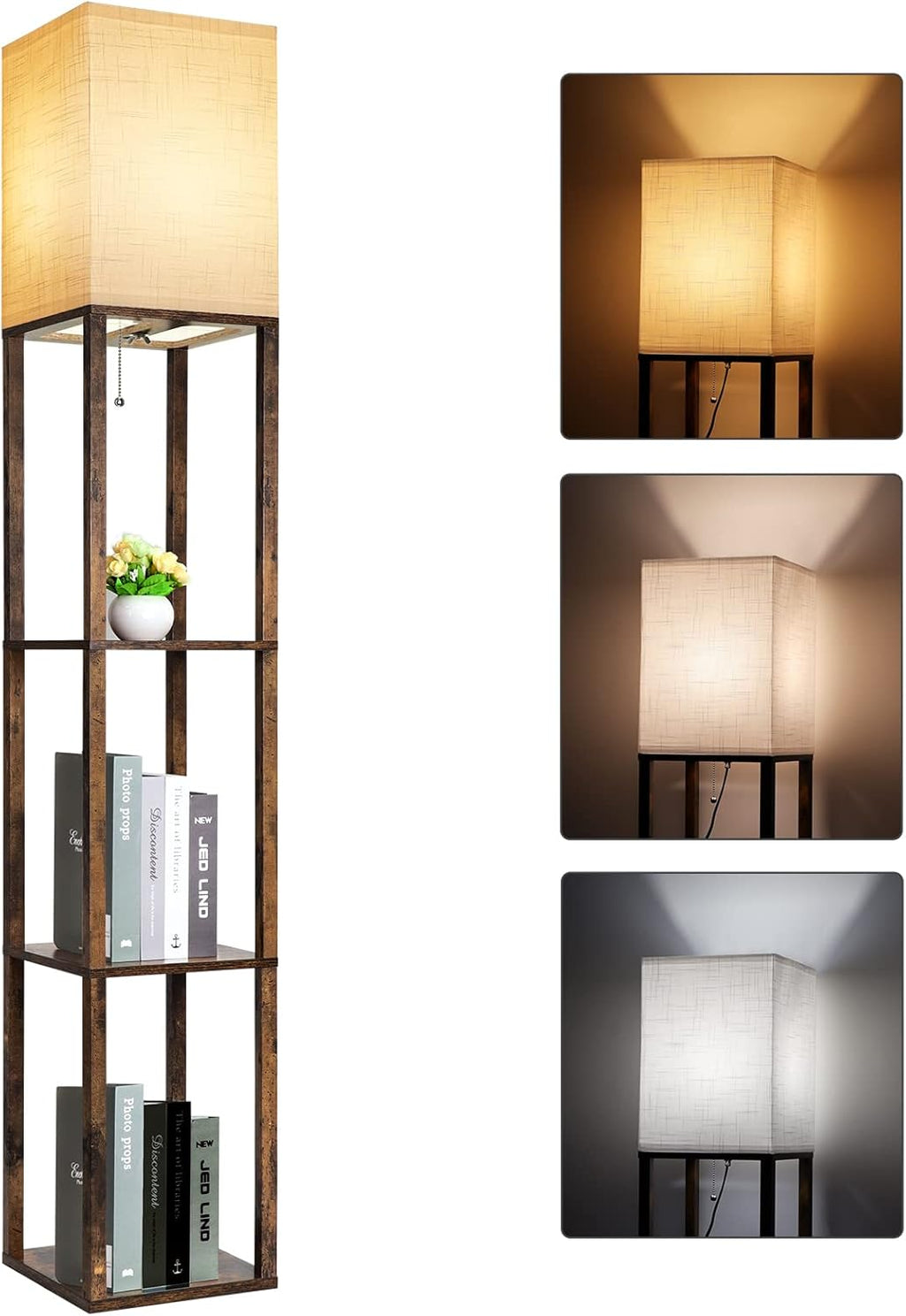 RUNTOP Floor Lamp with Shelves, Modern Shelf Lamp for Display Storage, 3 Color Temperature Wood Narrow Standing Corner Lamp with 8W Bulb…