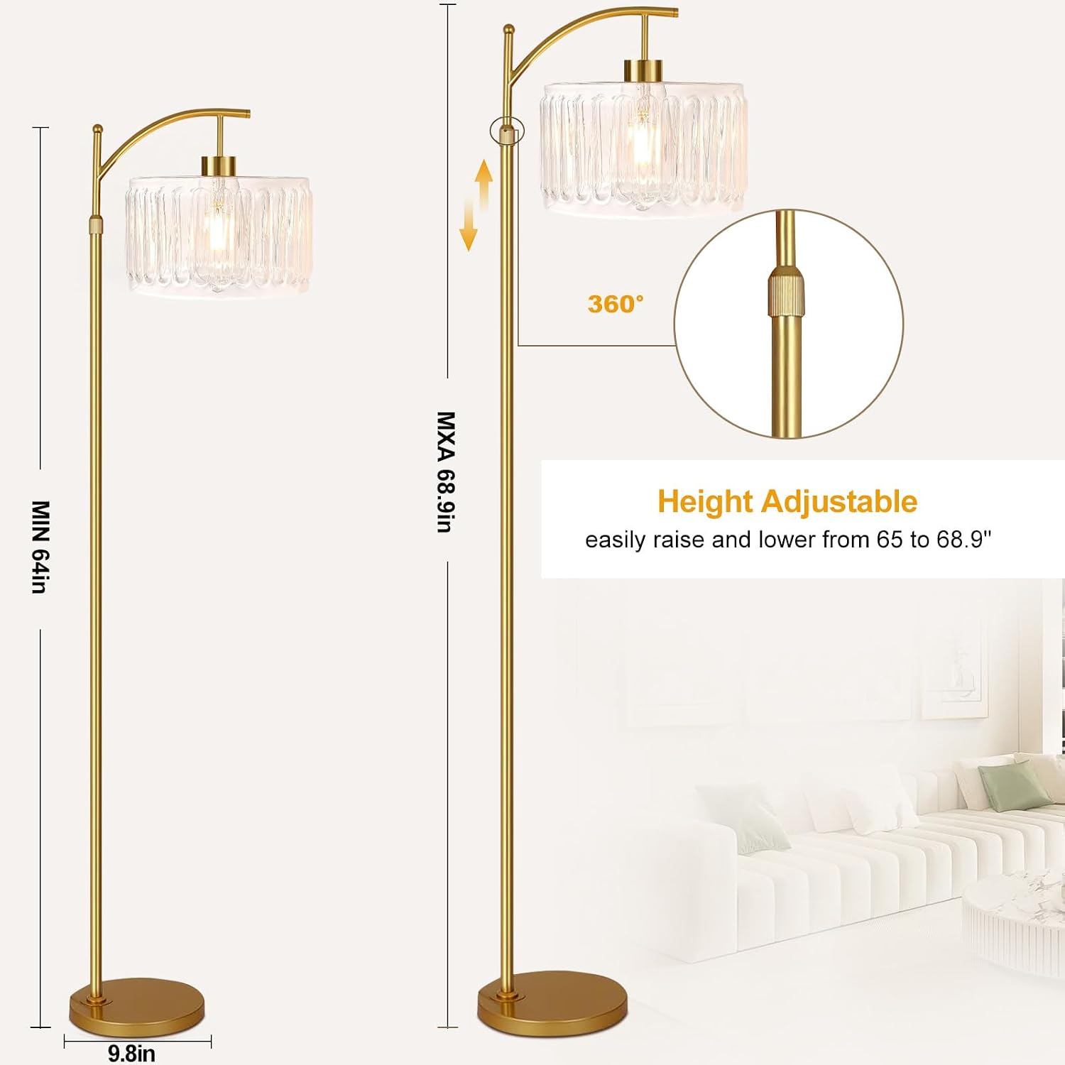 QIYIZM Glass Floor Lamp for Living Room, Bedroom, Gold Dimmable Standing Lamp with Remote, Brass White Tall Lamp Boho Mid Century Modern…
