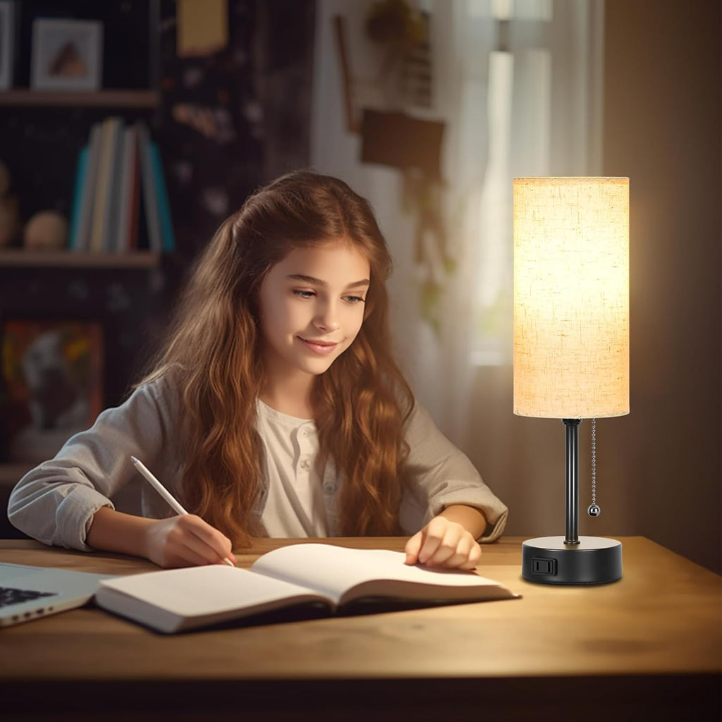 Bedside Table Lamp for Bedroom, 3-Color Small Lamps with Pull Chain, Bedroom Table Lamps for Night stands, Desk Reading Light AC Outlet…
