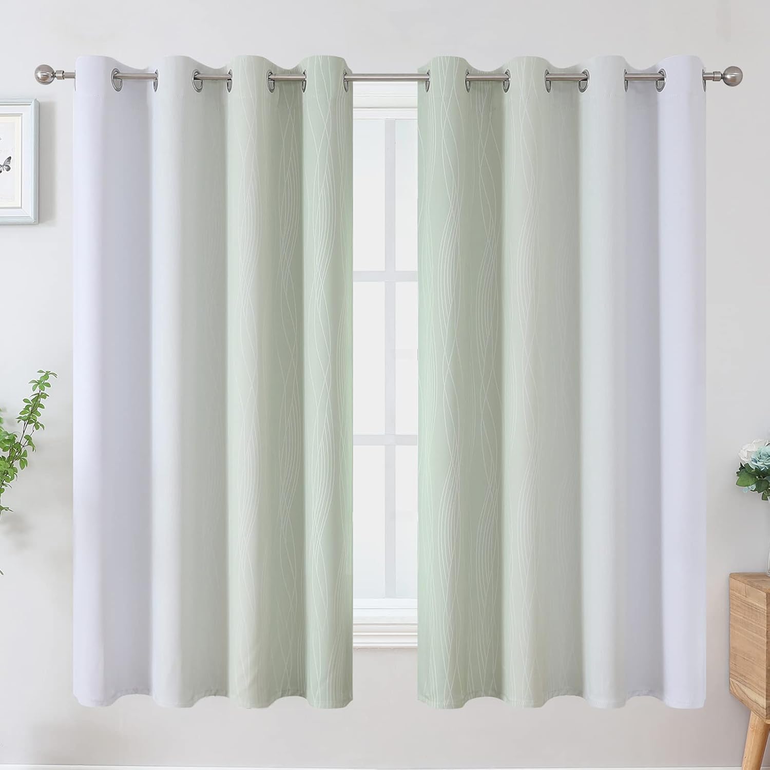 Estelartextiler Estelar Textiler Sage Green and Greyish White Blackout Curtains 63 Inch Length 2 Panels Set, Room Darkening Grommet Ombre C…