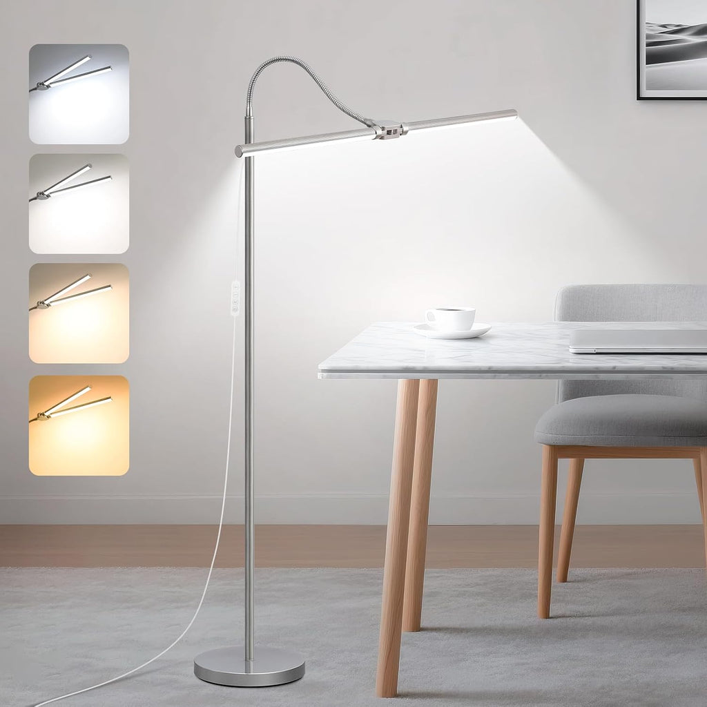 Bright Floor Lamp, 18W/2000LM Silver LED Floor Lamp with Double Head, Adjustable Gooseneck Dimmable Craft Light for Sewing Tatoo…