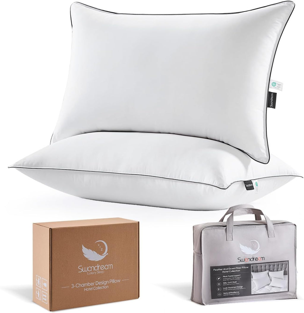 Swandream Goose Feather and Down King Pillows 2 Pack, Luxury 3-Chamber Pillows with Soft & Down-Proof Cover, Fluffy Plush Hotel Collection…