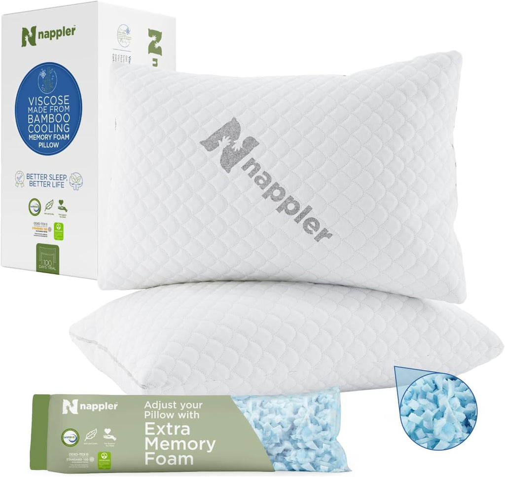 Nappler Cooling Pillow for hot Sleepers - Bed Pillows Queen Size Set of 2 - Adjustable Shredded Memory Foam - Medium to Firm Pillows for Ba…