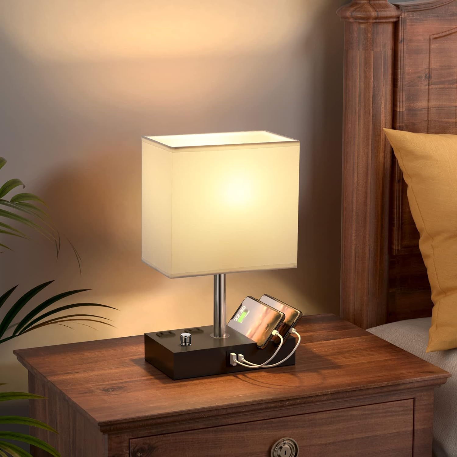 Fully Dimmable Bedside Lamps for Bedroom with USB C Ports, Kakanuo White USB Table Lamp Set of 2, Wooden Desk Lamp with 2 Charging…