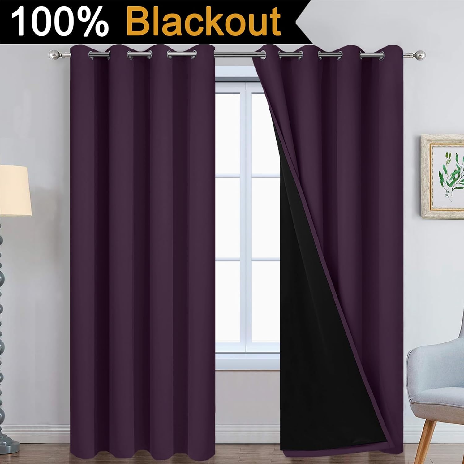 Yakamok 100% Blackout Curtains 84 Inches Long, 2 Thick Layers Heat and Full Light Blocking Soft Thermal Insulated Drapes for Bedroom(52" Wi…