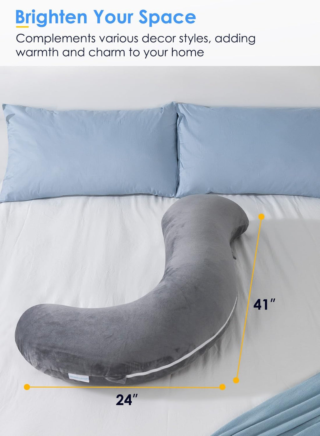 Queenrose QUEEN ROSE Body Pillow for Side Sleepers, Soft Comfort S Shaped Hug Pillow for Adults, Full Body Support, Velvet Grey Grey