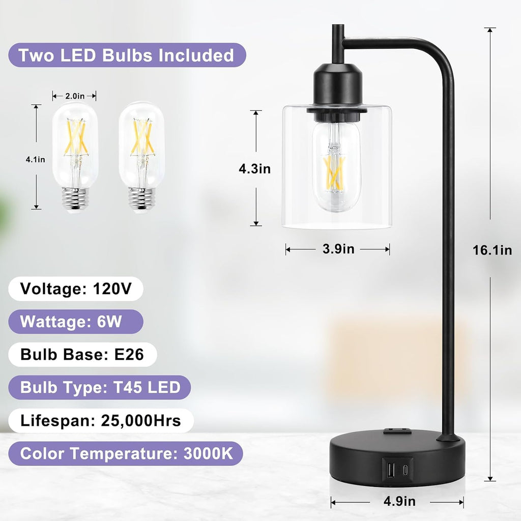 Industrial Touch Table Lamps for Bedrooms Set of 2 - 3-Way Dimmable Nightstand Lamps with USB C+A Ports and Outlet, Black Bedside Lamps…