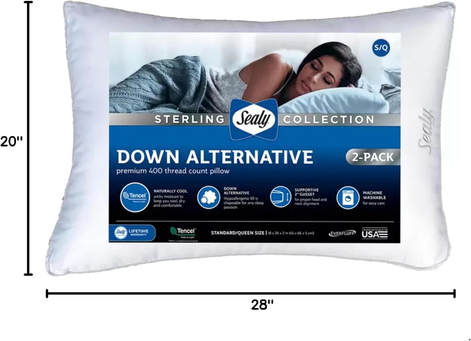 Sealy Sterling Collection Down Alternative Pillows 400 Thread Queen - 2 Pack 2 Pack White