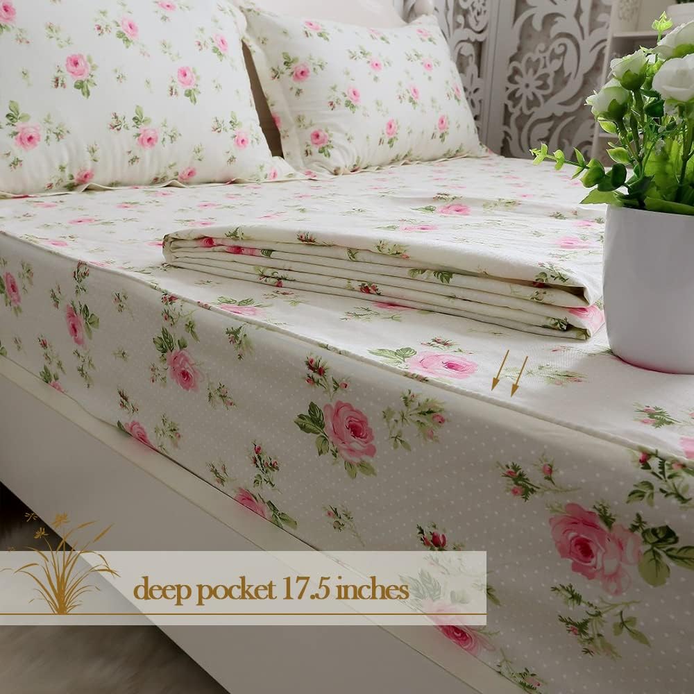 Fadfay Yellow Floral Bed Sheet Cotton King Size Soft Breathable Shabby Coquette Sheets Deep Pocket Pink Rose Flower Printed Set 4 Pcs